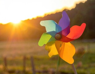 Colorful pinwheel glows against setting sun