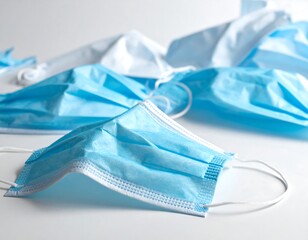 Crumpled blue medical masks on white background