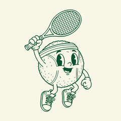 Tennis Ball Mascot Vector Illustration – Funny Cartoon Sports Character With Racket