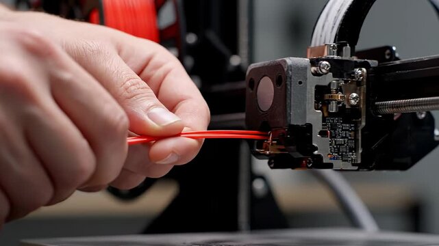 Hands carefully load vibrant red filament into a 3D printer, showcasing the intricate process behind creating innovative designs.