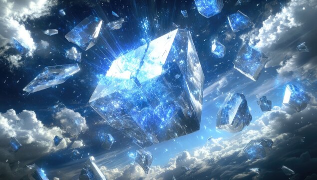 Radiant crystal cube floats amidst clouds, light shines