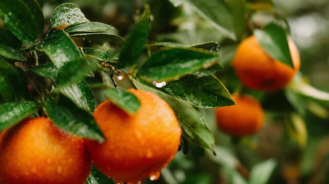 Fresh Tangerines on Branch with Water Droplets, Vibrant Orange Citrus Fruit Growing in Lush Green Orchard, Healthy Eating Concept