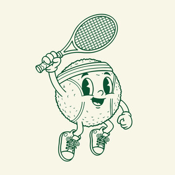 Tennis Ball Mascot Vector Illustration &ndash; Funny Cartoon Sports Character With Racket