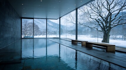 Luxurious indoor pool with floor-to-ceiling windows offering stunning winter landscape views