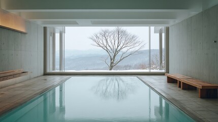 Indoor pool with winter view, tranquil setting, modern design, relaxation concept