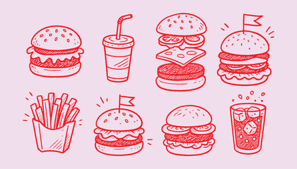 Fast Food Vector Set – Hand Drawn Burger, Fries, And Soda Illustration Design