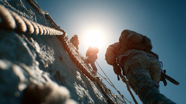 Military Team Ascending Cliffside Using Ropes, Low Angle View, Sunlight, Teamwork, Challenge, Determination, Adventure, Outdoor Training, Blue Sky