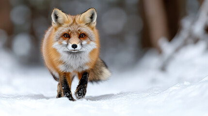 Obraz premium Fox walking through snowy forest, showcasing its warm fur against cold environment