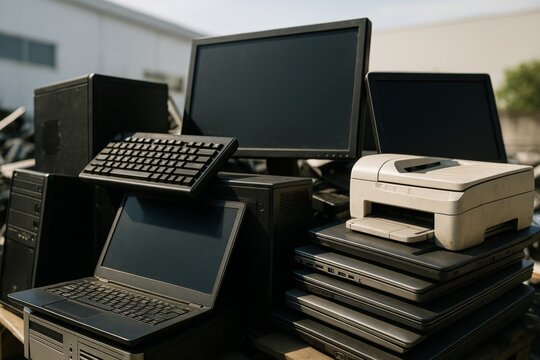 Pile of obsolete electronic devices including laptops, monitors, and printer in outdoor environment under natural light, symbolizing e-waste concept. Ai generative