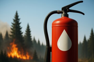 Obraz premium Close-up of red fire extinguisher with water drop icon in front of burning forest and smoke under clear blue sky, symbolizing fire prevention concept. Ai generative