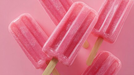 Five pink popsicles on a pink surface, arranged for refreshment, summer treat imagery