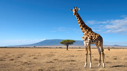 Giraffe standing tall in savanna with mountain backdrop under clear blue sky