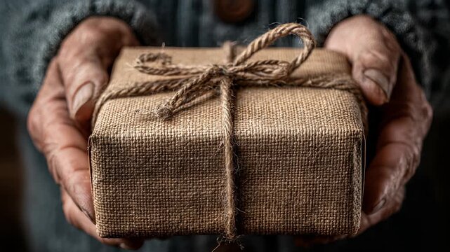 Close-up of Elderly Hands Presenting a Burlap Wrapped Gift Box Tied with Twine, Rustic and Thoughtful Gesture