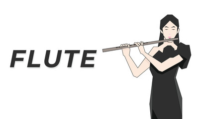 Isometric Woman plays the flute. Flute woodwind orchestral instrument. Flat Background.