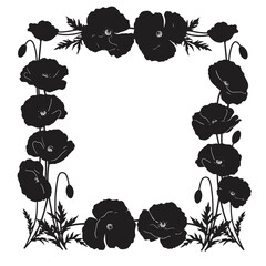 Decorative black poppies square frame border elegant floral design element for invitations and cards silhouette flat design vector illustration white background