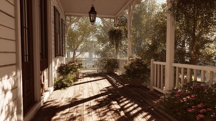 Shaded porch overlooking sunny garden, suitable for real estate, travel, or lifestyle