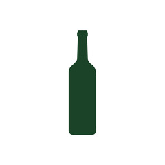 Simple dark green silhouette icon of a classic wine bottle or spirit bottle, symbolizing beverages, alcohol, celebration, and the wine industry in a clean vector graphic.