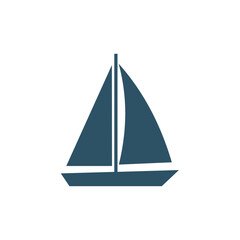 Simple dark blue solid icon of a sailing boat or yacht with a triangular sail, symbolizing travel, adventure, maritime sport, and leisure on the open water.