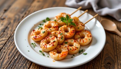 shrimp dish on a plate with a spoon, on a table.