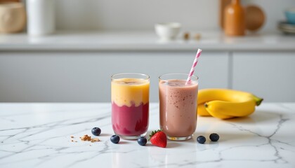 two glasses of colorful smoothie blends placed on a white marble countertop in front of a kitchen cabinet