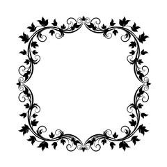 Elegant square floral border with swirling leaves and vines decorative element silhouette flat design vector illustration white background