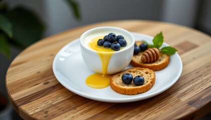 a plate of food on a table. the plate holds two blueberry pancakes, a small dish containing honey, and what appears to be a piece of bread with a spread, possibly butter