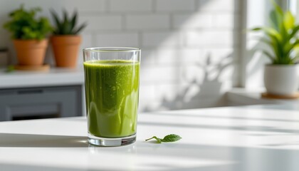 a glass of green juice is sitting on a kitchen counter in front of a window with sunlight filtering through blinds