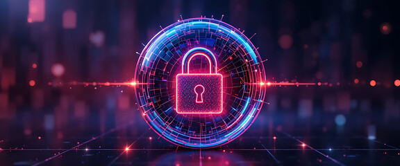 Futuristic cyber lock floating in translucent block, blended neon background of magenta and blue, shimmering accents.