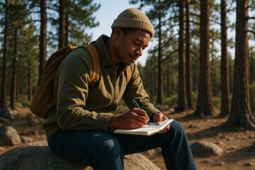 Thoughtful man journaling in notebook while sitting on a rock in peaceful sunlit forest background during outdoor hike adventure moment. Ai generative