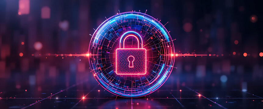 Futuristic cyber lock floating in translucent block, blended neon background of magenta and blue, shimmering accents.