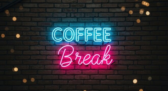 Coffee Break" neon sign on brick wall, bokeh lights in background - Powered by Adobe