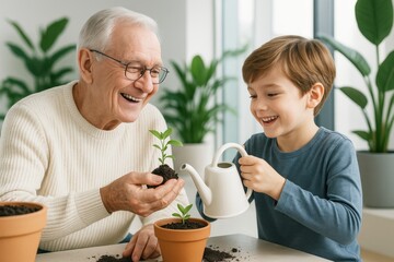 Grandfather and grandson gardening together with joy, planting a young seedling in pots indoors with natural light and green background plants. Ai generative