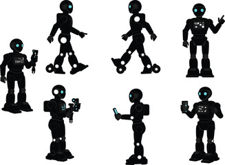 Humanoid robot silhouettes, glowing eyes android, futuristic robot poses, robotic mobility, digital