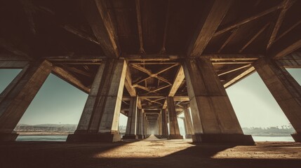 Concrete Bridge Perspective: The low-angle perspective showcases the robust concrete structure of a bridge, offering a unique view of its intricate design against the backdrop of a soft sky. 
