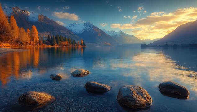 Mountain lake reflects autumn trees, rocks in clear water