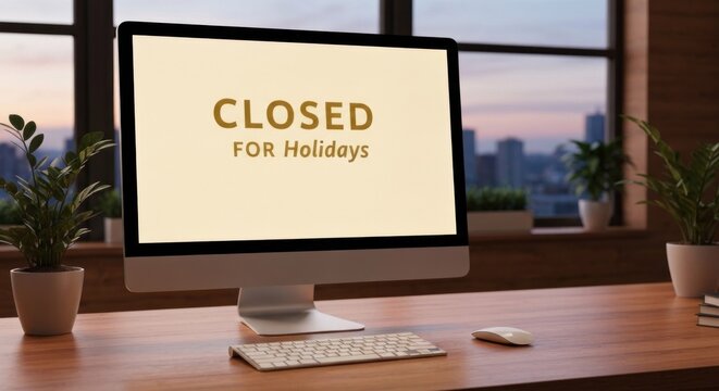 Computer screen displaying "Closed for Holidays" on a wood desk, city view