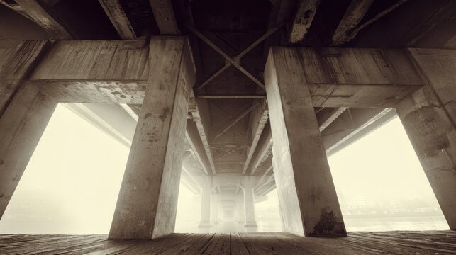 Under the Bridge: A captivating shot from an uncommon perspective, showcasing the sturdy pillars and structural framework of a bridge in a display of architectural mastery.
