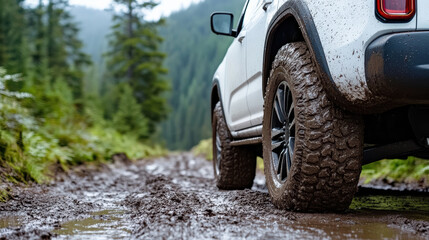 Fototapeta premium Modern pickup truck navigating muddy forest trail, showcasing rugged tires and natural landscape