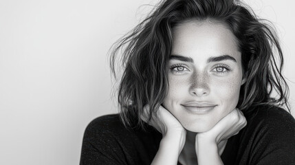 Natural portrait of woman with freckles, smiling softly, showcasing her beauty and confidence