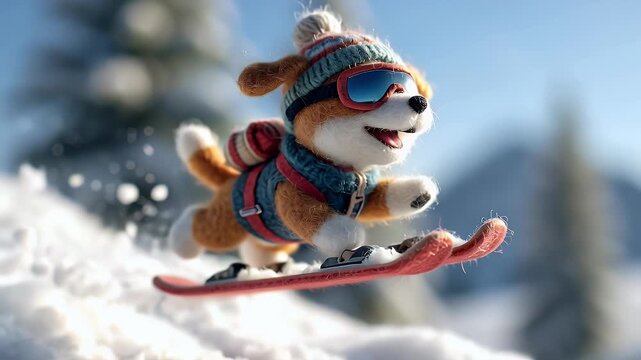 Skiing dog on snowy slope with goggles and hat enjoying winter outdoors
