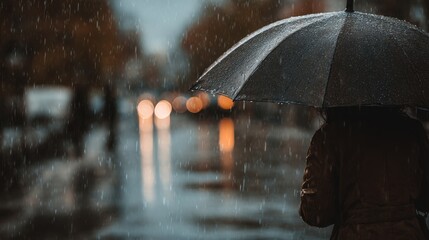 Fototapeta premium Rainy Day Serenity: A solitary individual stands shielded by an umbrella, immersed in the calming ambiance of a city street during rainfall, a moment of introspective solace.