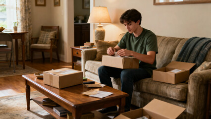 Young man unpacking boxes in a cozy living room