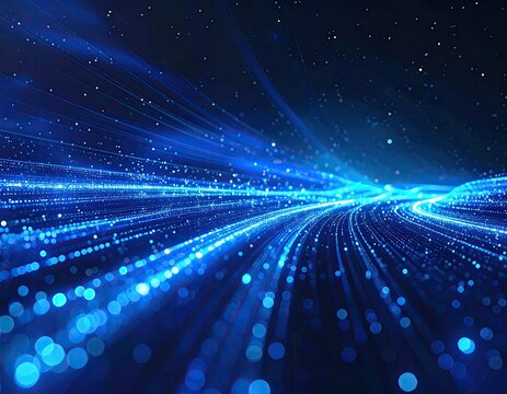 Glowing blue light streams converge, data highway
