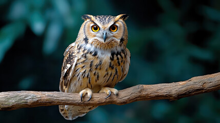Obraz premium Majestic owl perched on branch, showcasing striking features and intense gaze
