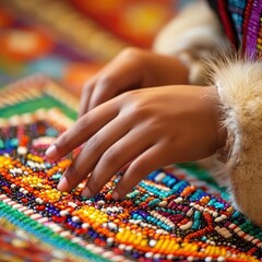Indigenous Girls Creating Intricate Beadwork with Hands, Showcasing Cultural Artistry and Tradition in Close-Up
