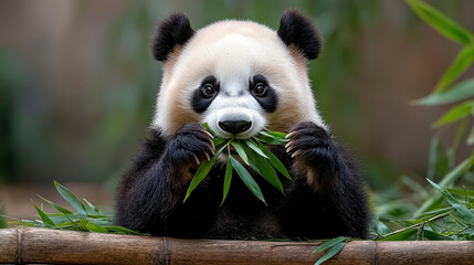 Fototapeta premium Peaceful panda eating bamboo leaves in serene forest setting, showcasing its natural habitat