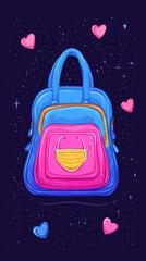 Colorful Vector Illustration of a School Bag with a Face Mask and Heart Shapes on Dark Background