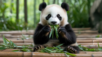 Fototapeta premium Peaceful panda sitting among bamboo, enjoying fresh leaves in serene environment
