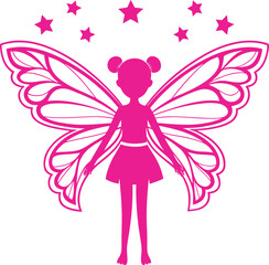 Fototapeta premium Vector art of pink silhouette of a fairy with butterfly wings and stars