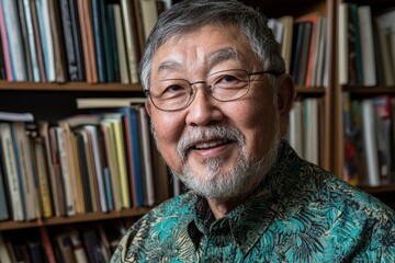 Serene Moment in the Library Reveals an Asian Professor Deeply Engaged During a Thoughtful Reflection